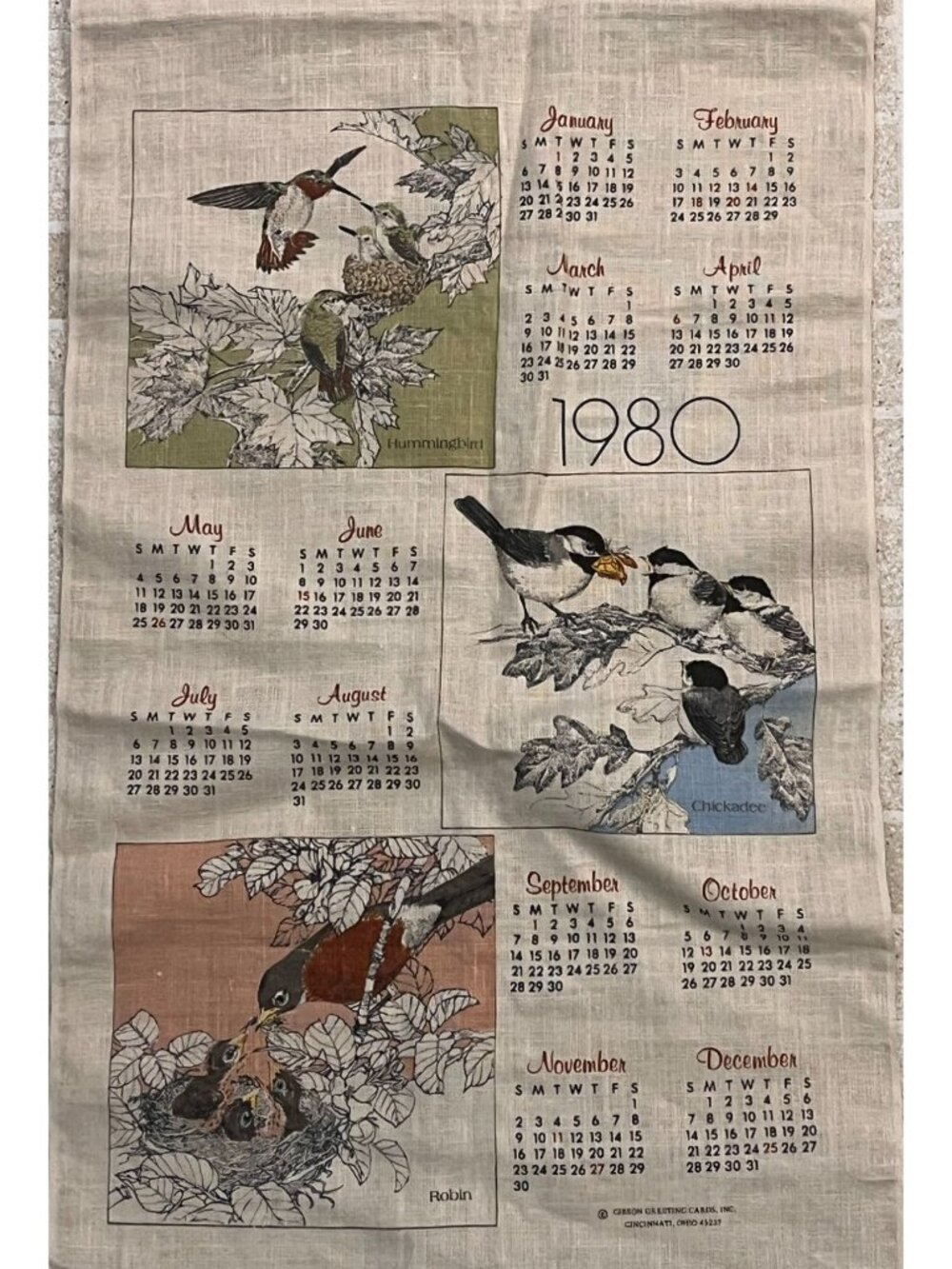 Vintage 1980 Linen Calendar Tea Towel With Birds & Nature Scenes
